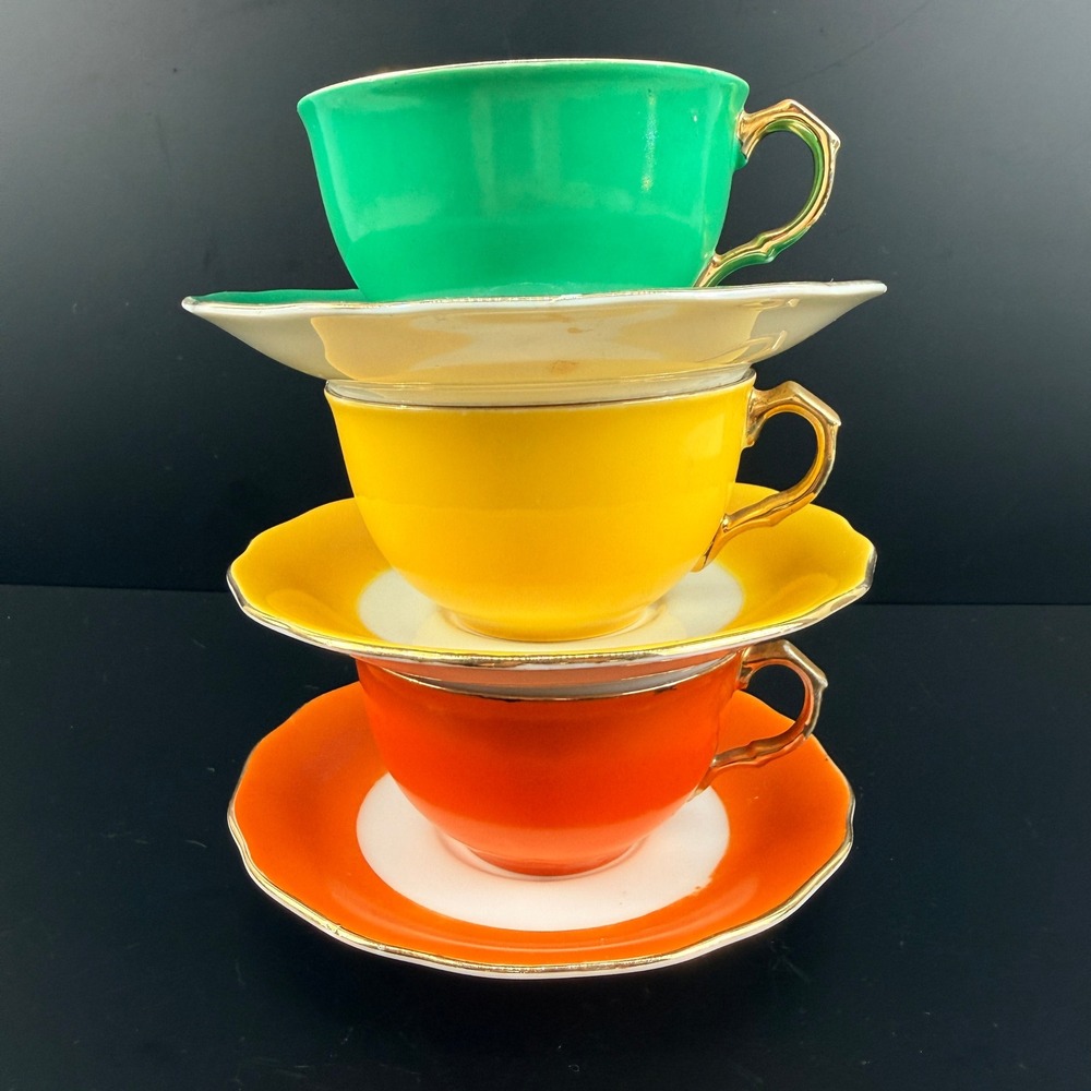 Vintage Goldcastle Japan Porcelain Tea‎ Cup Saucer Set 3 Orange Green Yellow